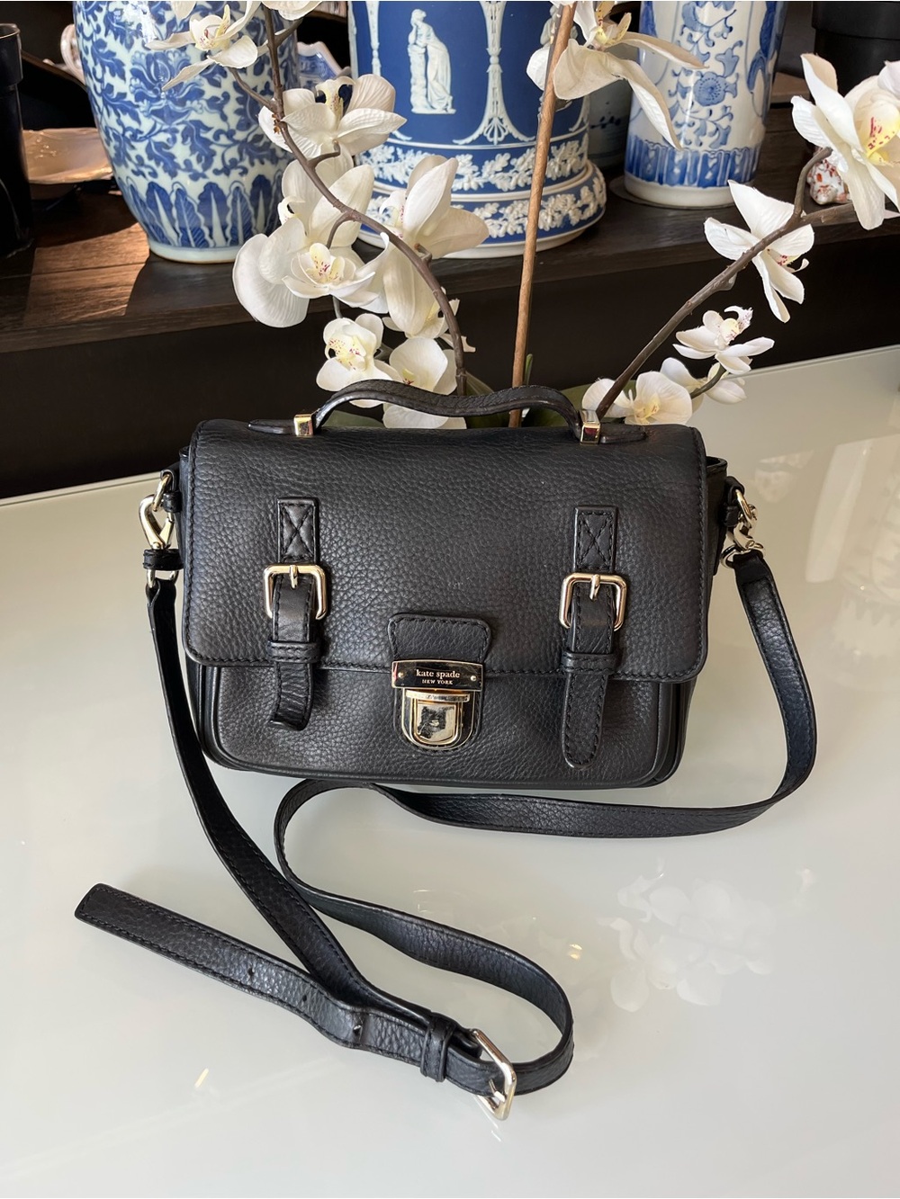Kate Spade “Lola Avenue Lia” Black Pebbled Leather Satchel Crossbody